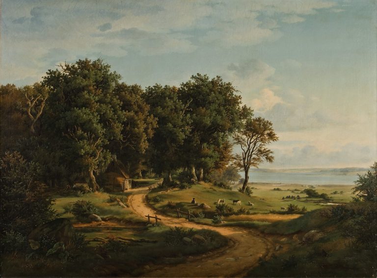 Julius Hellesen, Danish Landscape (1843): Danish Romantic landscape painting with winding road, trees, sheep and distant horizon.