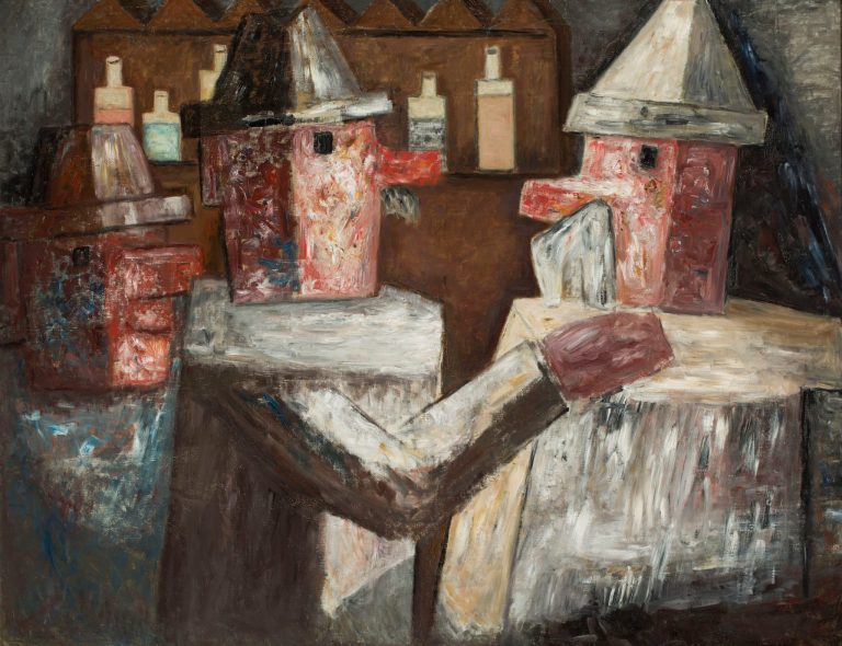 Abstract painting In a Bar (1931) by Polish artist Tadeusz Makowski, showing geometric figures in a bar interior.